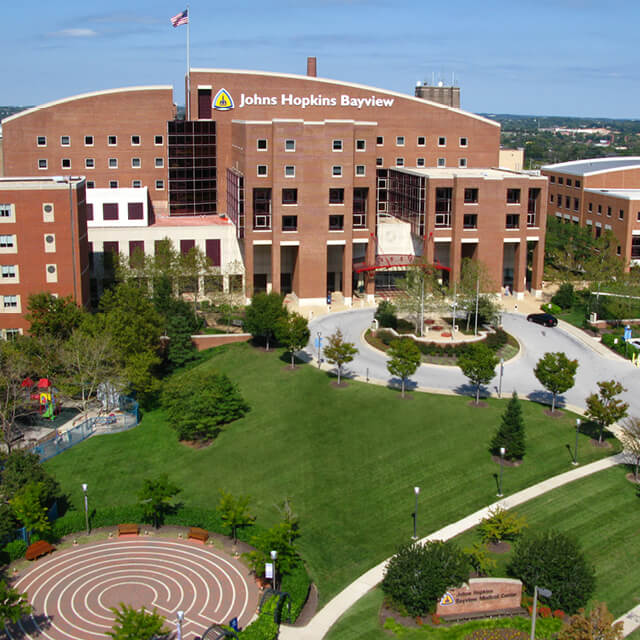 The photo shows Johns Hopkins Bayview Medical Center. 